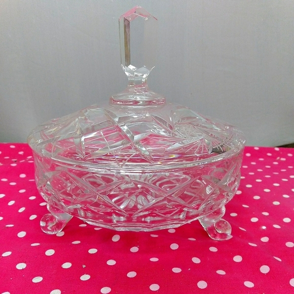 Vintage Crystal Etched Candy Footed Dish With Stee